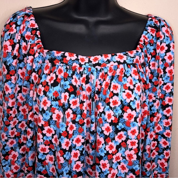 Small Pop Sugar Colorful Peasant Top Blue Pink Red Floral Square Neckline - Picture 3 of 12